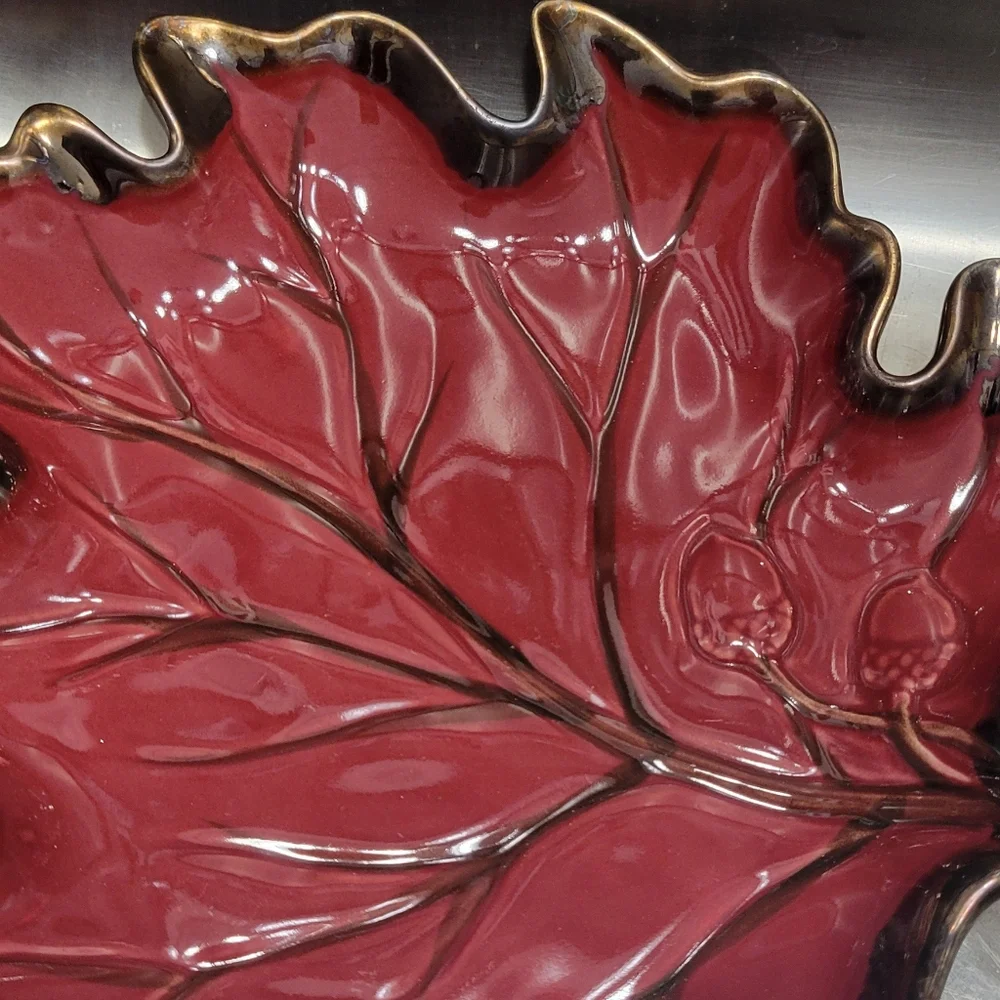 Stoneware Hand Painted Red Leaf bowl with gold trim